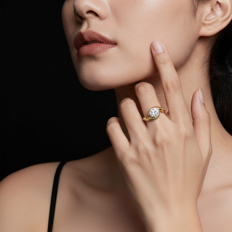 Model wearing round ring