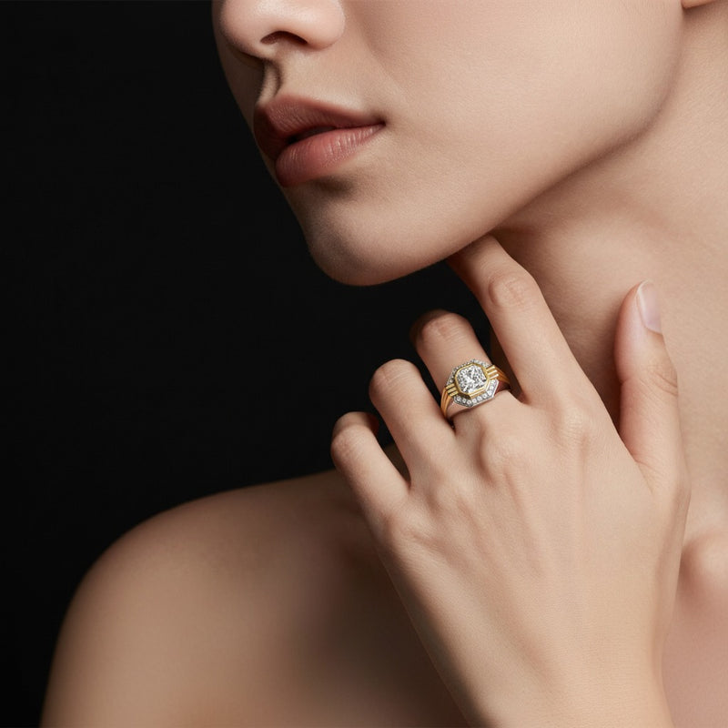 Model wearing asscher mens ring