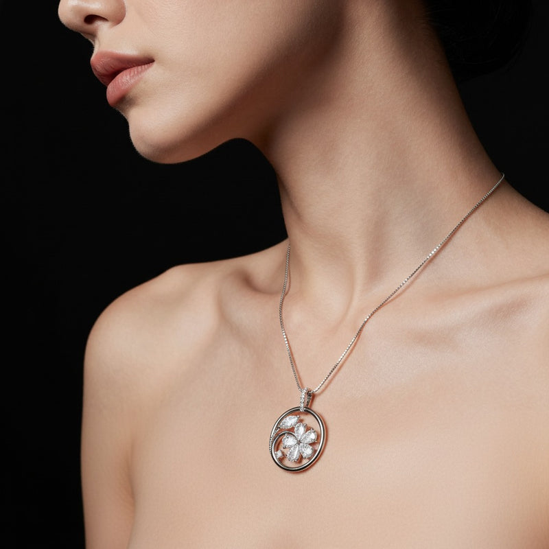 Model wearing marquise pendant