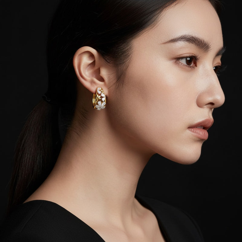 Model wearing pear fancy flower earrings