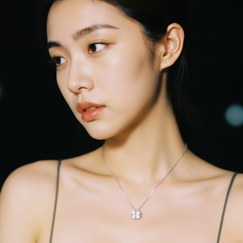 Model wearing heart necklace