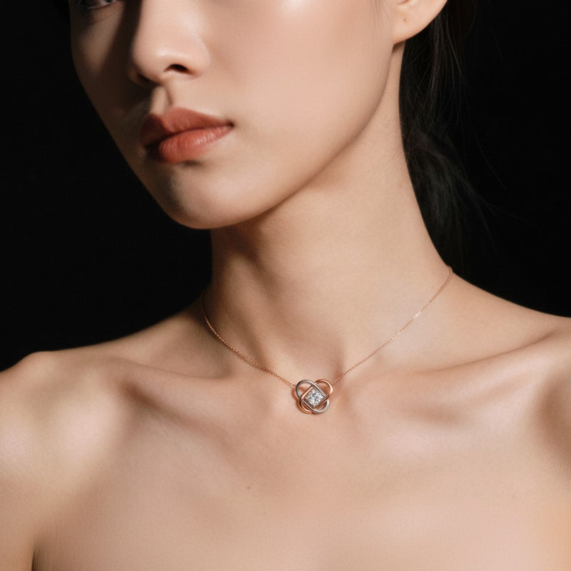 Model wearing round necklace