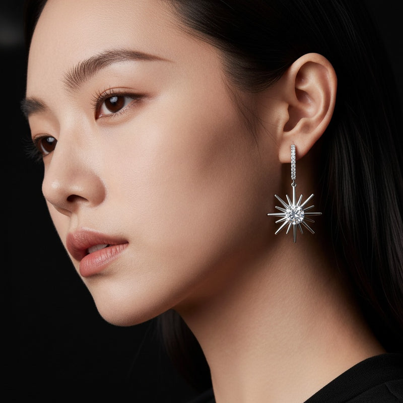 Model wearing round dangle earrings