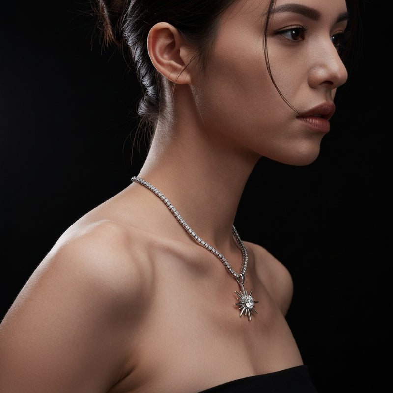 Model wearing round astralis pendant