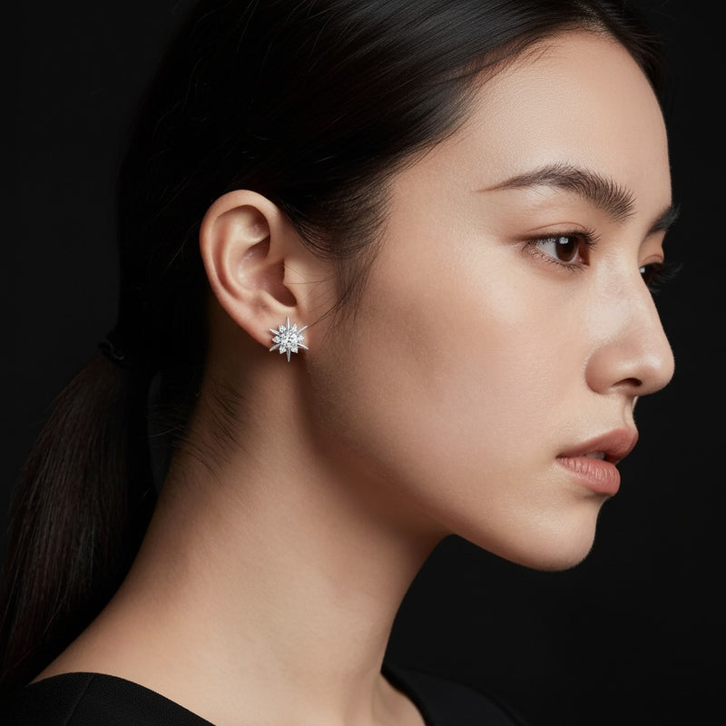 Model wearing round astralis earrings