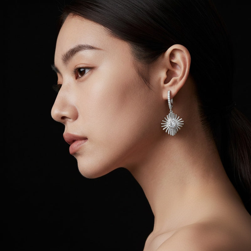 Model wearing round dangle fashion earrings