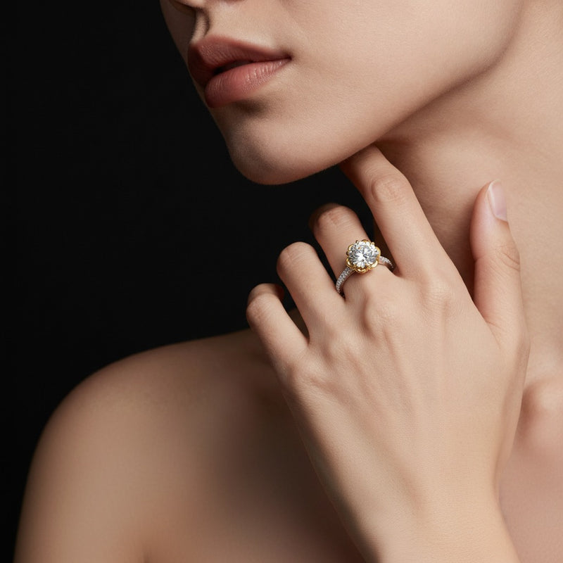 Model wearing round two tone solitaire engagement ring