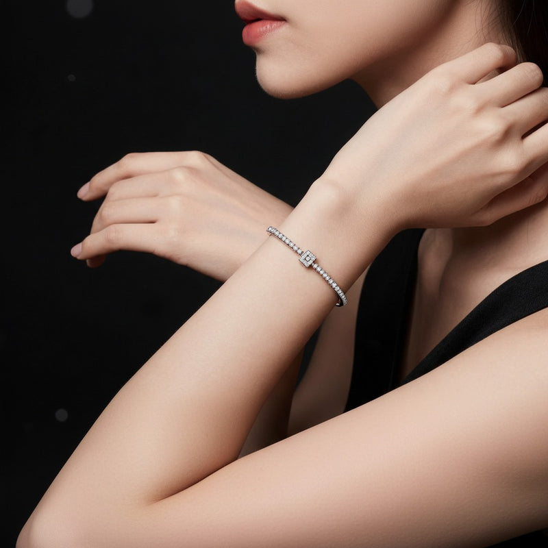 Model wearing round lab grown diamond tennis bracelet