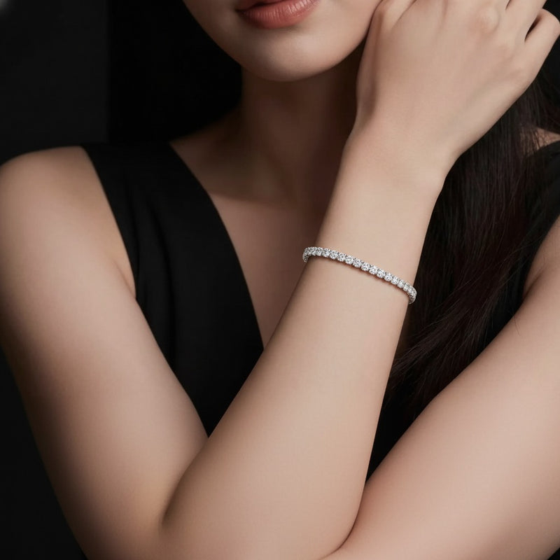 Model wearing round lab grown diamond tennis bracelet