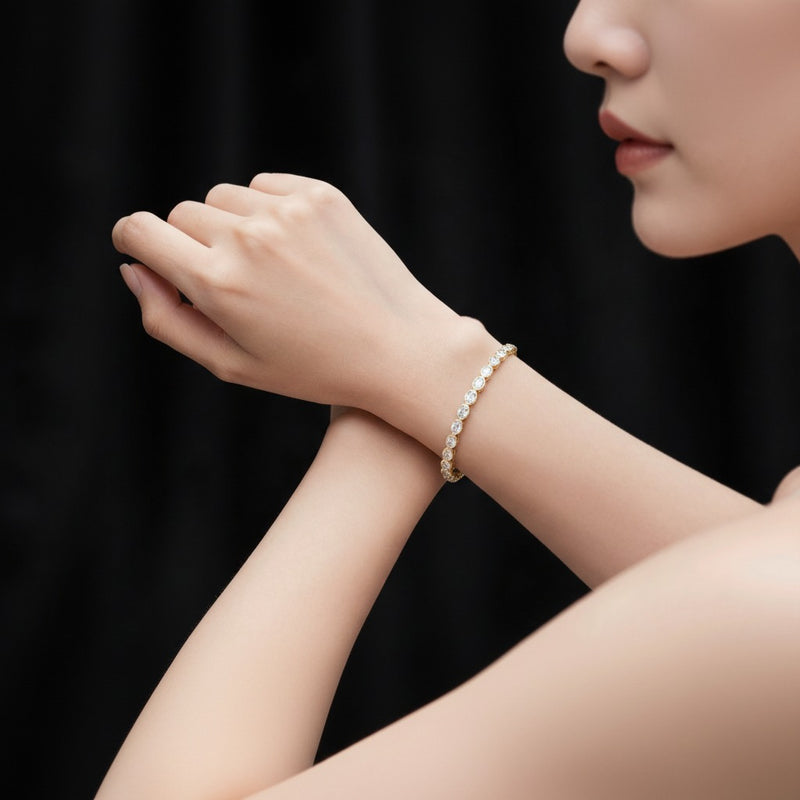 Model wearing oval east west bezel set bracelet
