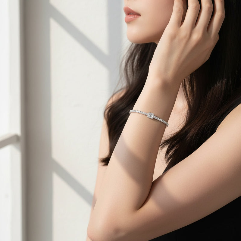 Model wearing radiant east west bezel set bracelet