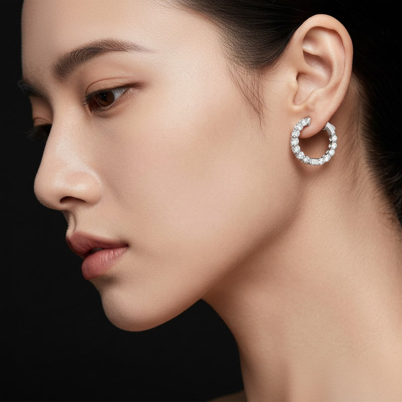 Model wearing round lab grown diamond inside out hoop earrings