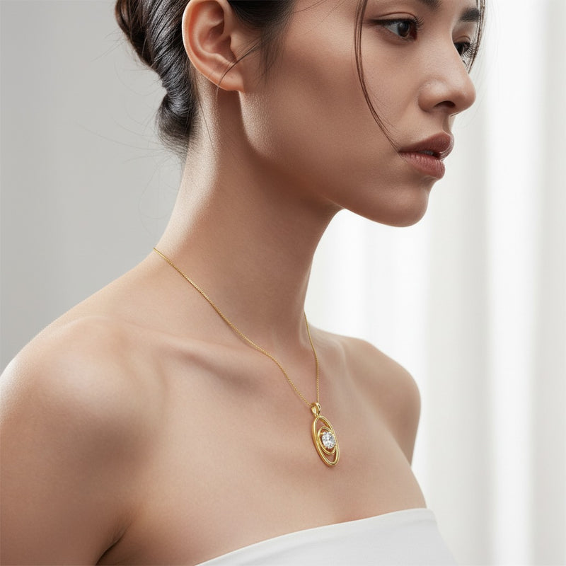 Model wearing round concentric fancy pendant