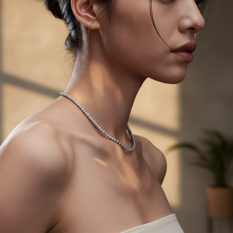 Model wearing emerald lab grown diamond tennis necklace