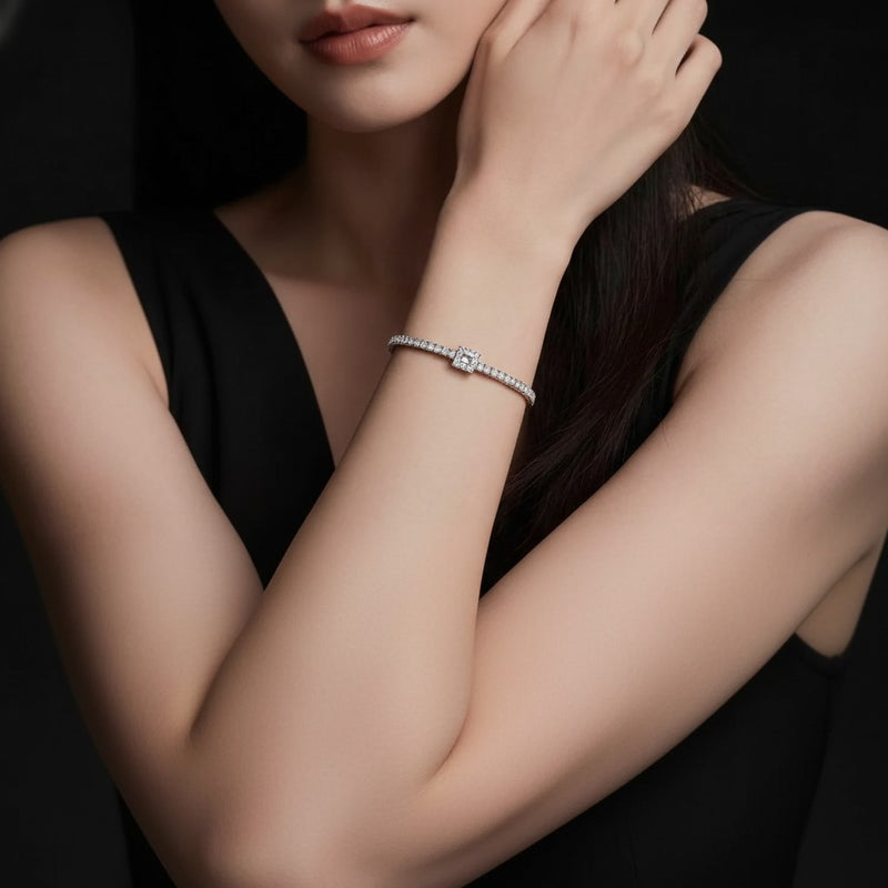 Model wearing round semi bezel line bracelet