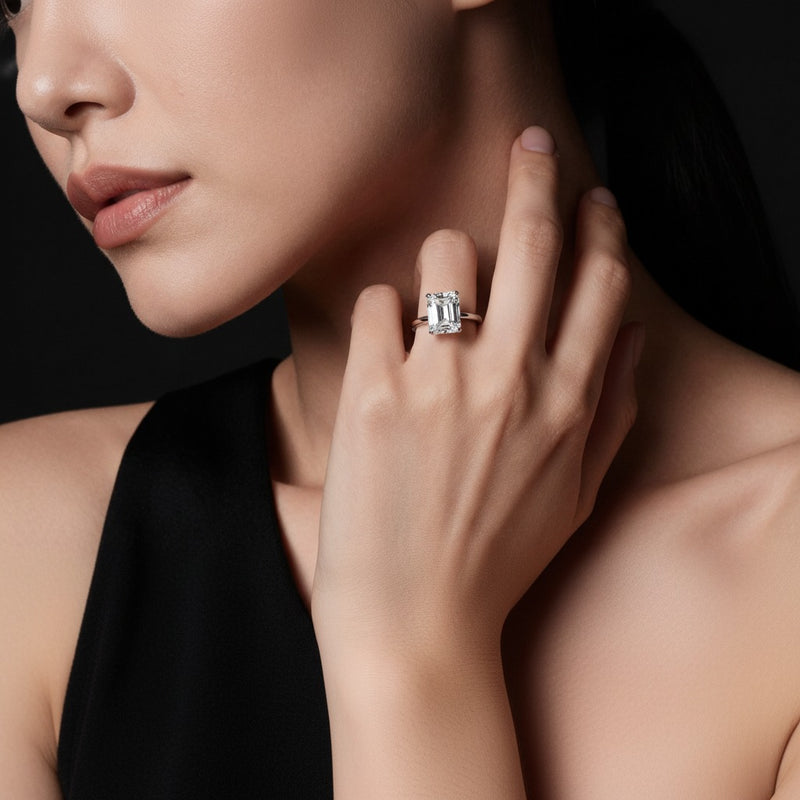 Model wearing radiant lab grown diamond classic solitaire ring
