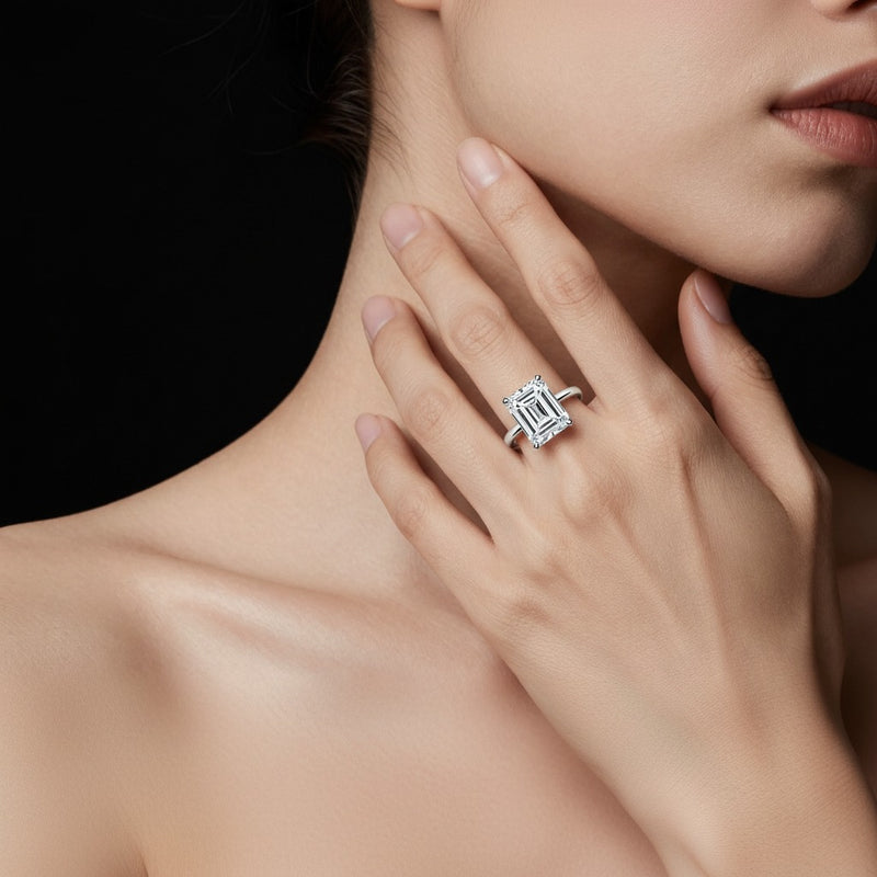 Model wearing radiant lab grown diamond classic solitaire ring