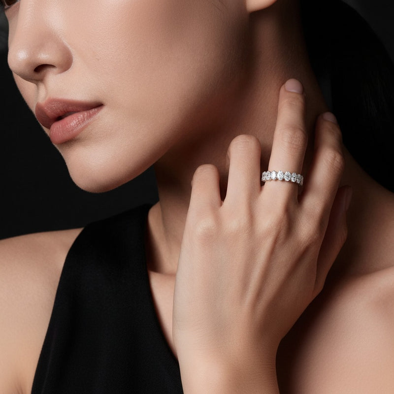 Model wearing oval lab grown diamond split prong eternity ring