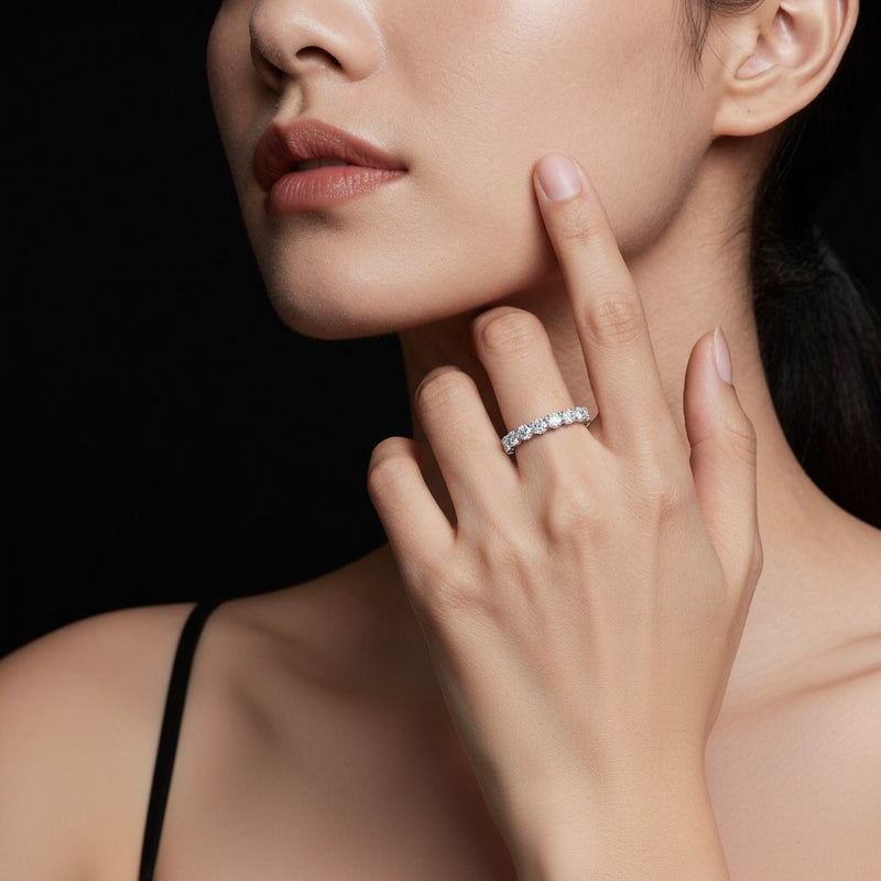 Model wearing round lab grown diamond split prong eternity ring