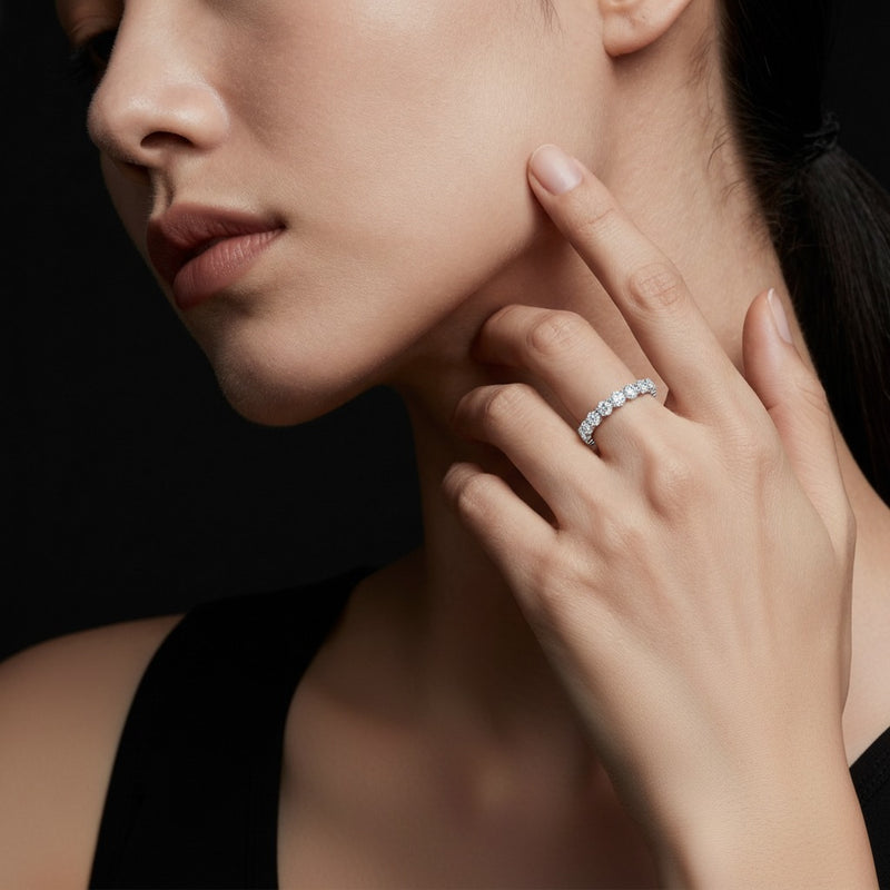 Model wearing round lab grown diamond split prong eternity ring