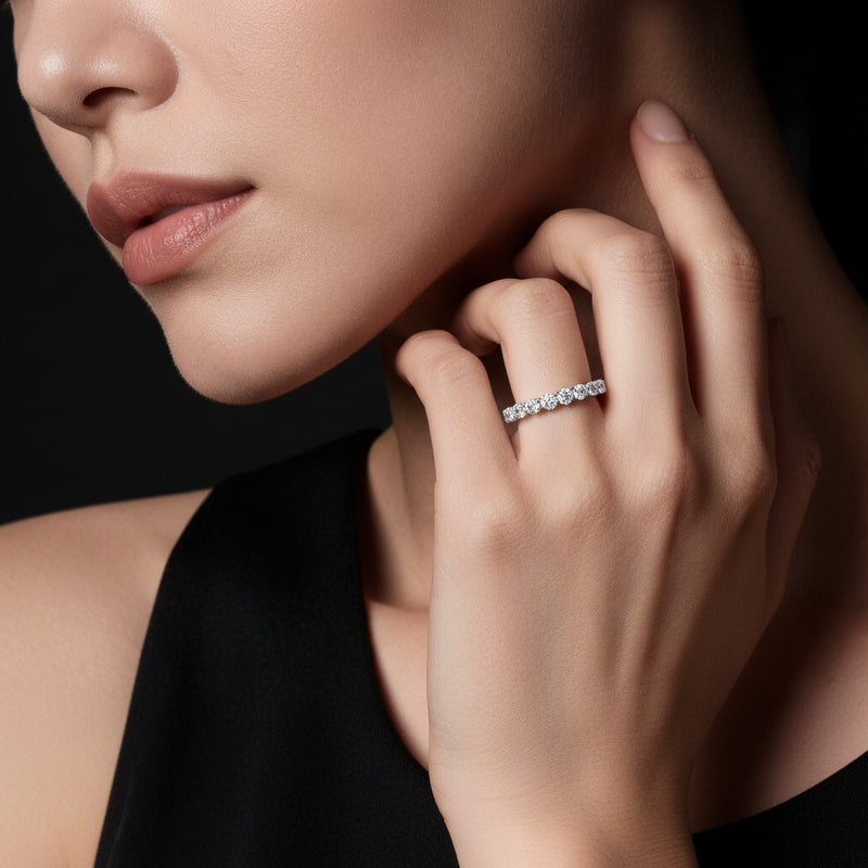 Model wearing round lab grown diamond split prong eternity ring