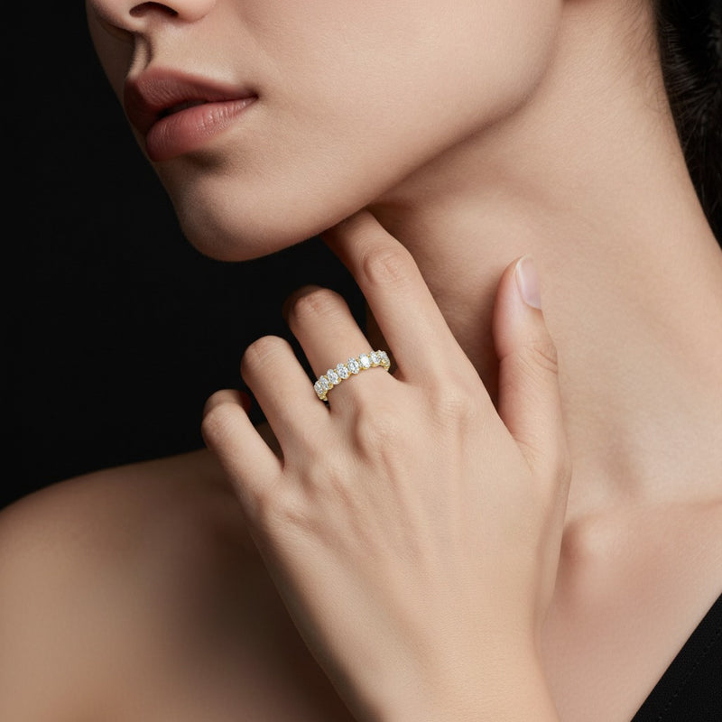 Model wearing oval lab grown diamond split prong eternity ring