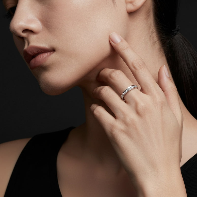 Model wearing oval lab grown diamond split prong eternity ring