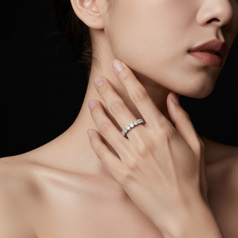 Model wearing round lab grown diamond split prong eternity ring