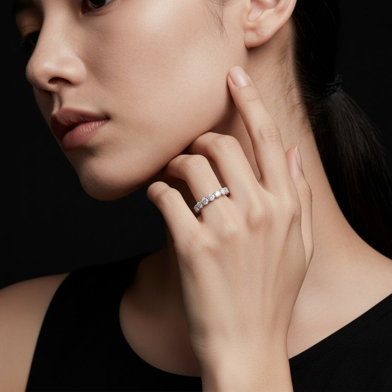 Model wearing round lab grown diamond split prong eternity ring