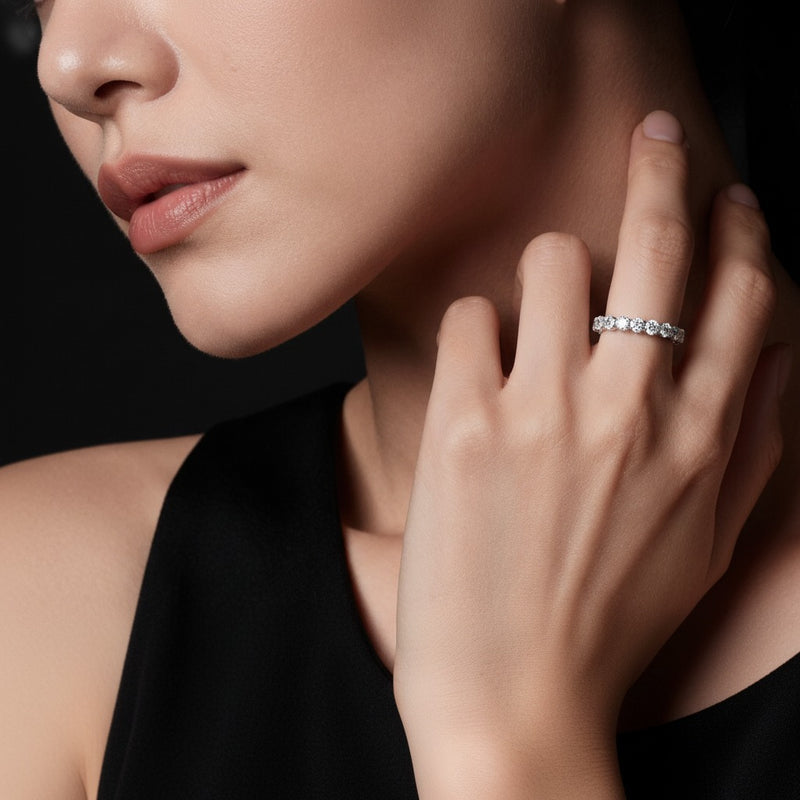 Model wearing round lab grown diamond split prong eternity ring
