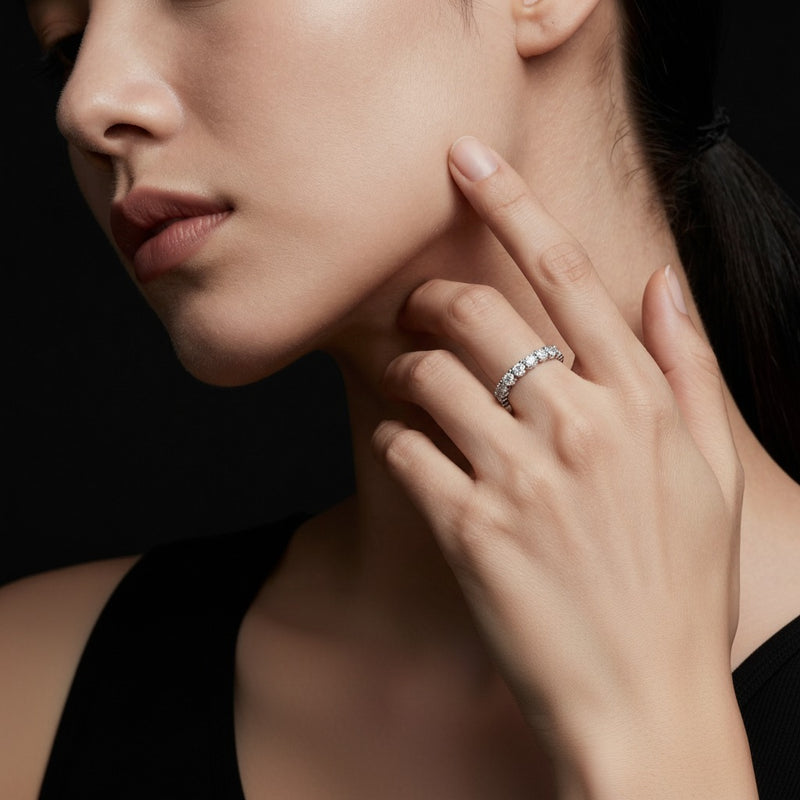 Model wearing round lab grown diamond split prong eternity ring