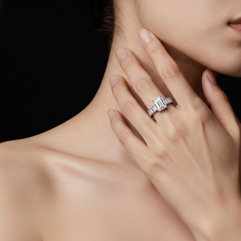 Model wearing radiant bridal set with matching band and ring