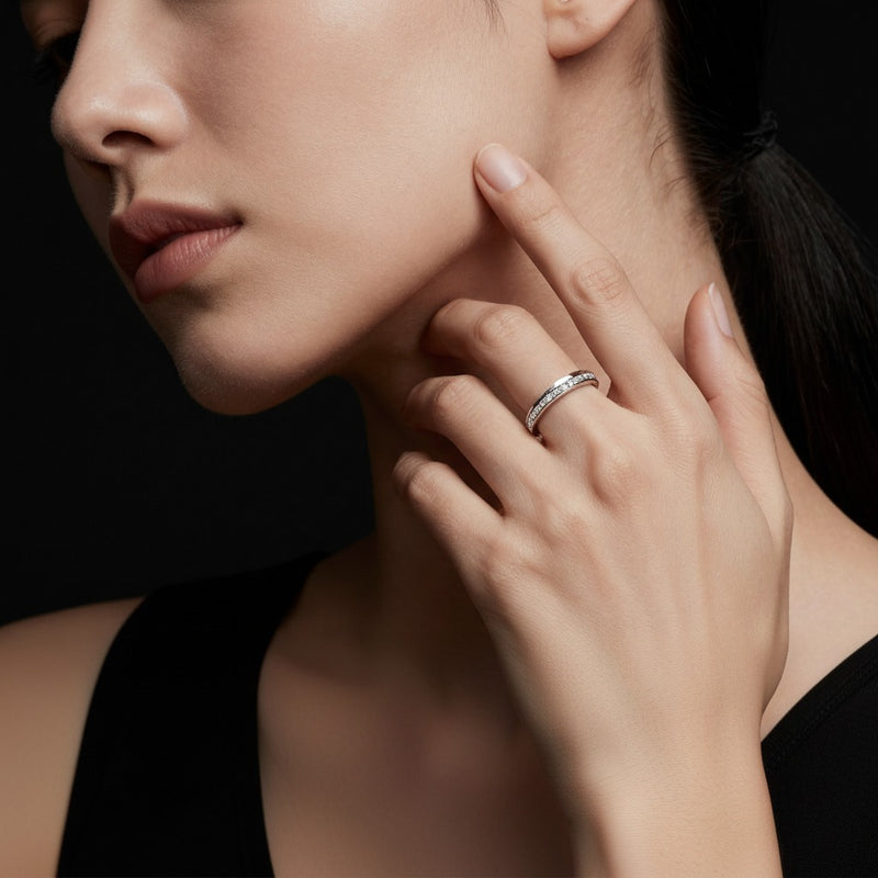 Model wearing oval eternity band ring