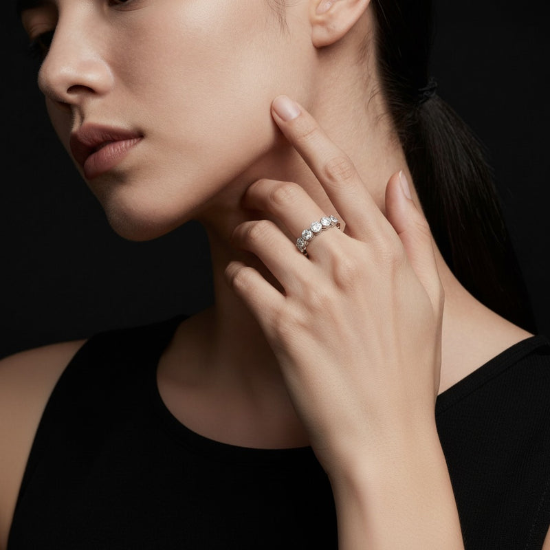 Model wearing round eternity band ring