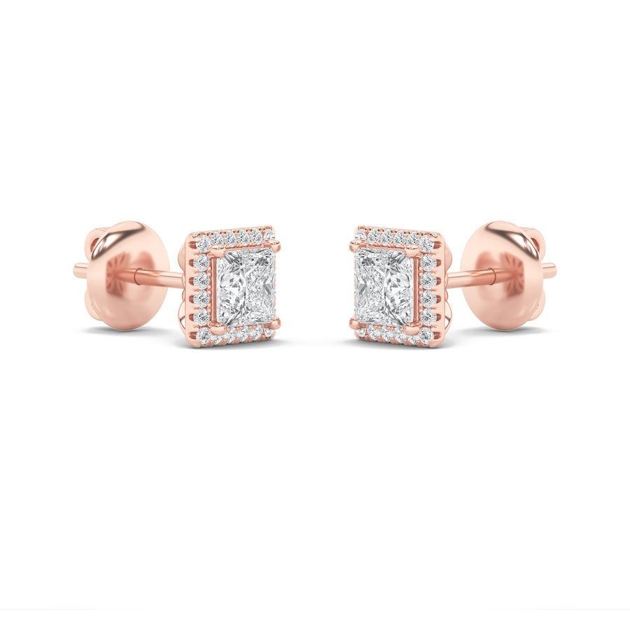 2Cttw Princess Shaped Lab Grown Diamond (F/VS) Halo Stud Earrings in 14K Gold