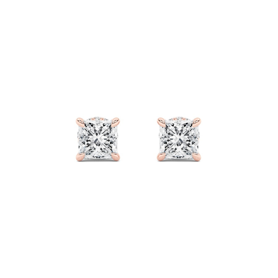 2Cttw Princess Shaped Lab Grown Diamond (F/VS) Hidden Halo Stud Earrings in 14K Gold