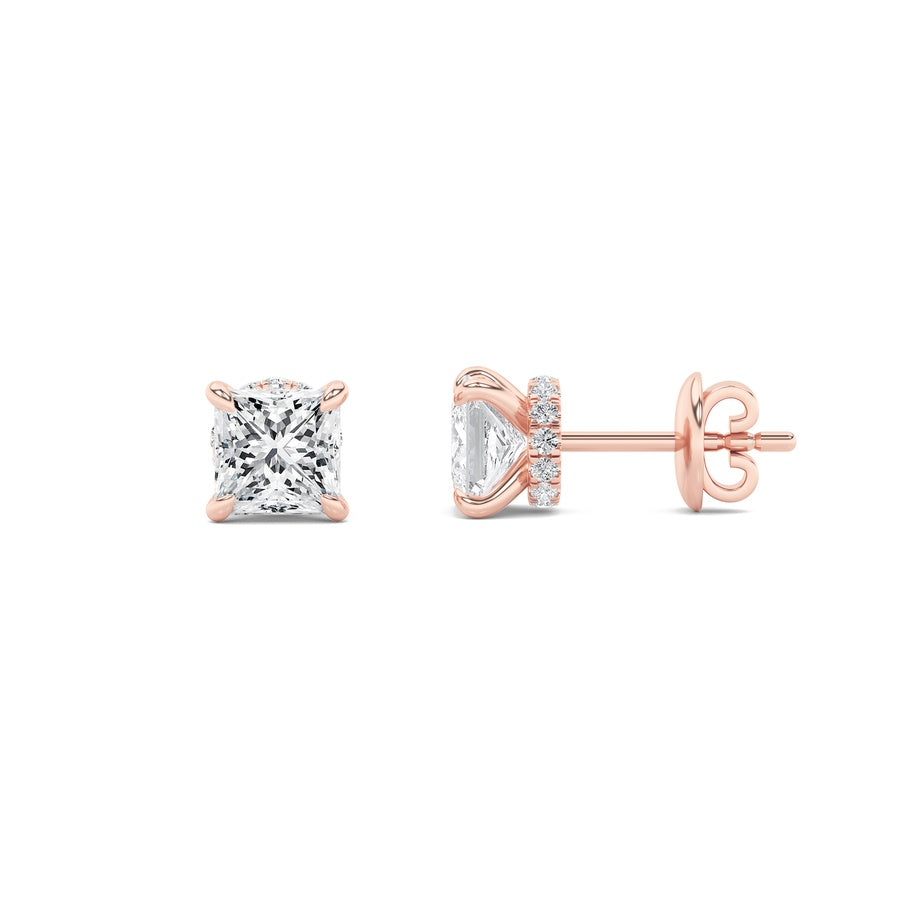 Princess Shape Hidden Halo Stud Earrings lab grown diamond