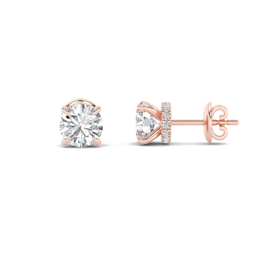 5Cttw Round Shaped Lab Grown Diamond (F/VS) HiddenHalo Stud Earrings in 14K Gold