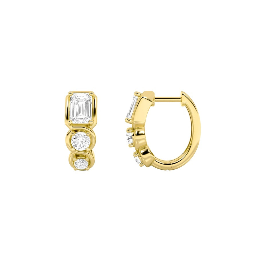Emerald Shape Three Stone Huggie Earrings lab grown diamond