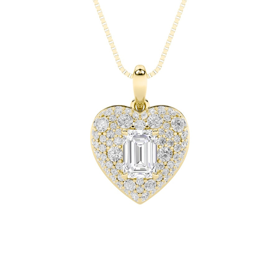 2Cttw Emerald Shaped Lab Grown Diamond (F/VS) PaveAccented Heart Shaped Pendant in 14K Gold