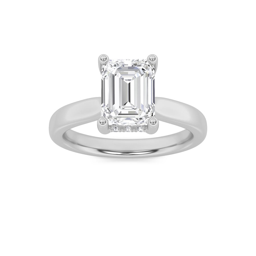 2Cttw Emerald Shaped Lab Grown Diamond (F/VS) Hidden Halo Cathedral Shank Engagement Ring in 14K Gold