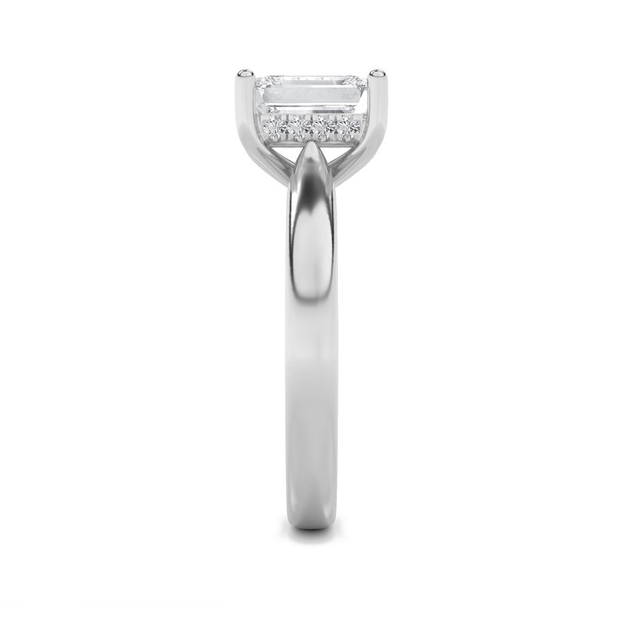 2Cttw Emerald Shaped Lab Grown Diamond (F/VS) Hidden Halo Cathedral Shank Engagement Ring in 14K Gold
