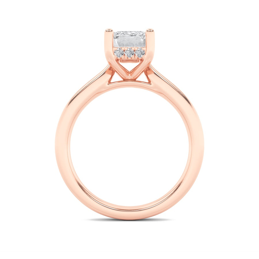 2Cttw Emerald Shaped Lab Grown Diamond (F/VS) Hidden Halo Cathedral Shank Engagement Ring in 14K Gold
