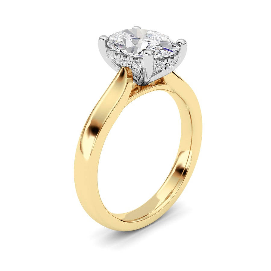 2Cttw Oval Shaped Lab Grown Diamond (F/VS) HiddenHalo Cathedral Shank Engagement Ring in 14K Gold