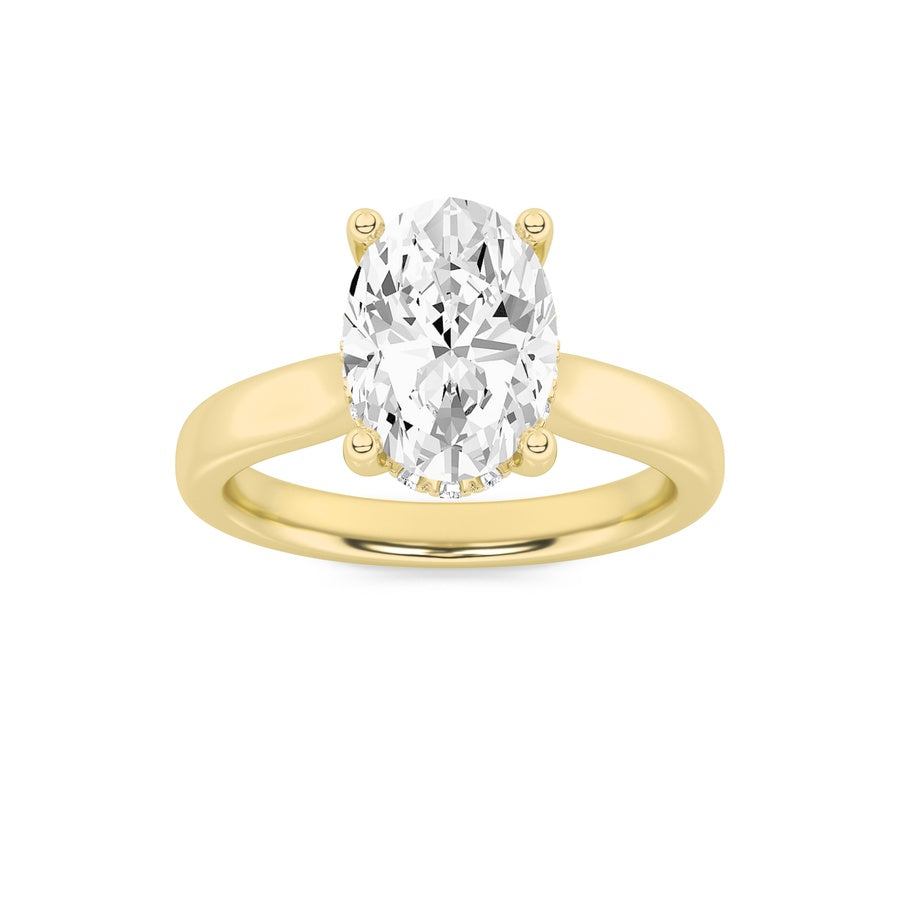 3Cttw Oval Shaped Lab Grown Diamond (F/VS) HiddenHalo Cathedral Shank Engagement Ring in 14K Gold