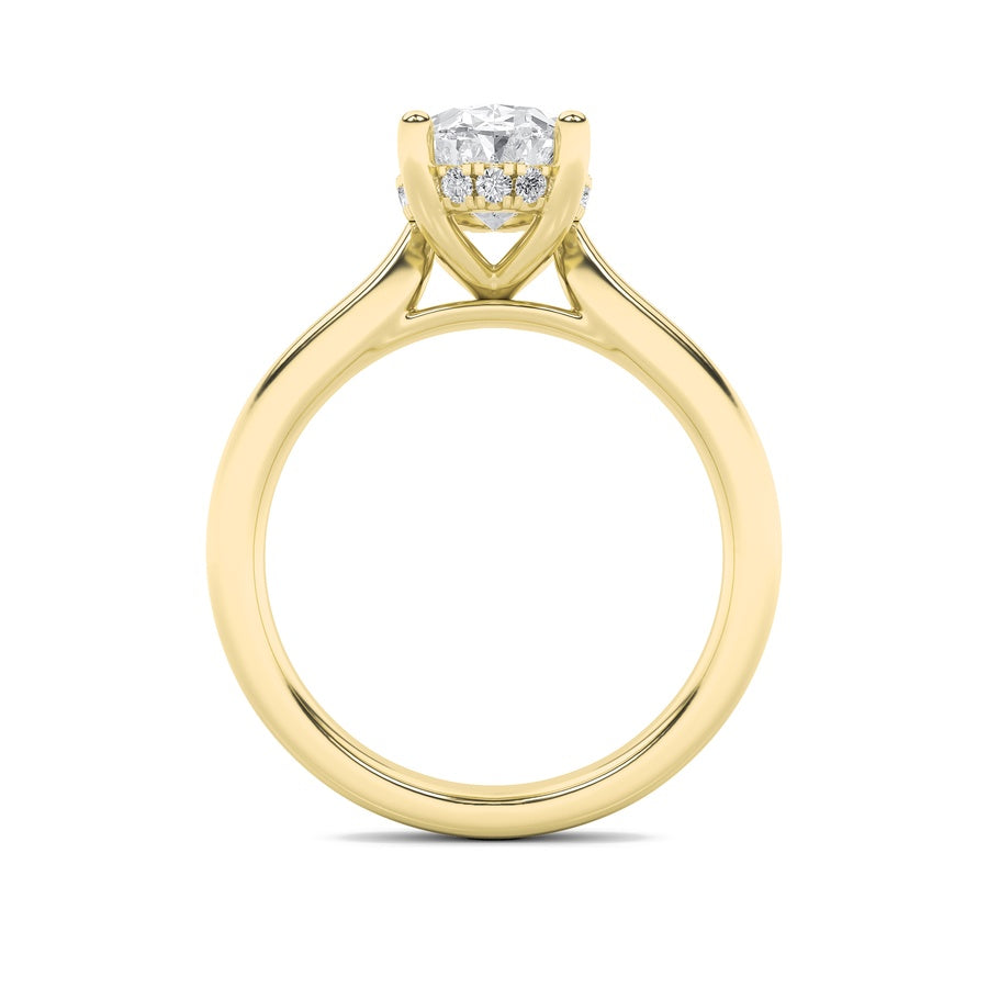 3Cttw Oval Shaped Lab Grown Diamond (F/VS) HiddenHalo Cathedral Shank Engagement Ring in 14K Gold