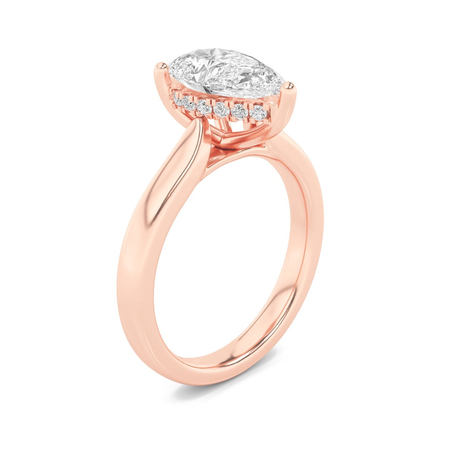 1Cttw Pear Shaped Lab Grown Diamond (F/VS) HiddenHalo Cathedral Shank Engagement Ring in 14K Gold