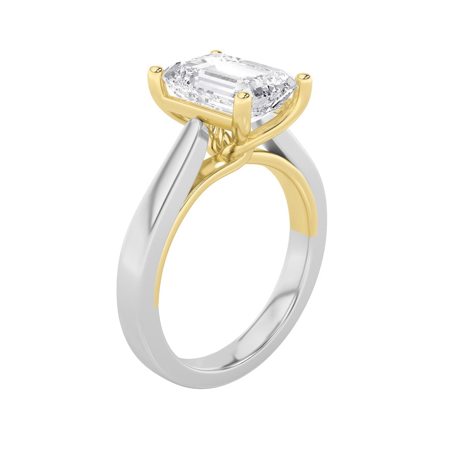 1Cttw Emerald Shaped Lab Grown Diamond (F/VS) TwoTone Twisted Basket Cathedral Shank Solitaire Ringin 14K Gold