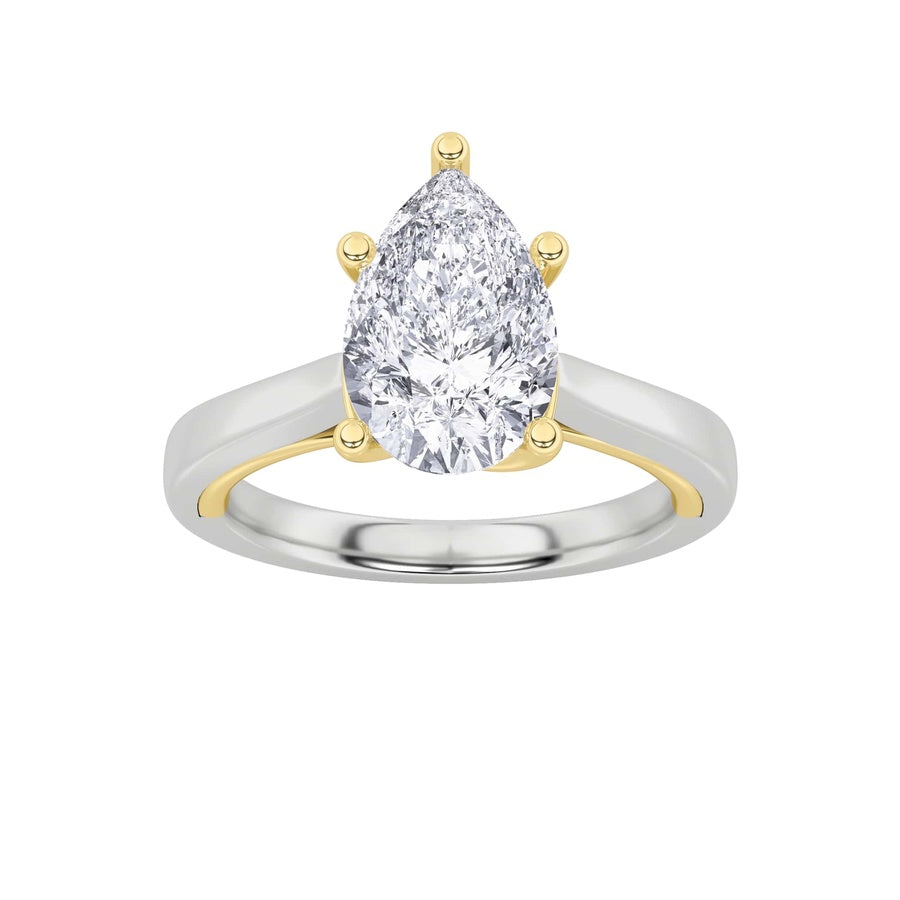1Cttw Pear Shaped Lab Grown Diamond (F/VS) Two Tone Twisted Basket Cathedral Shank Solitaire Ring in14K Gold