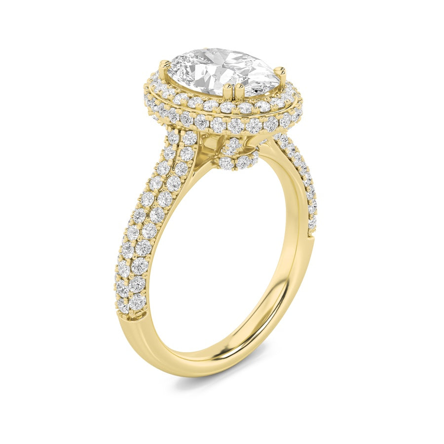 3Cttw Oval Shaped Lab Grown Diamond (F/VS) Halo Accented Engagement Ring in 14K Gold